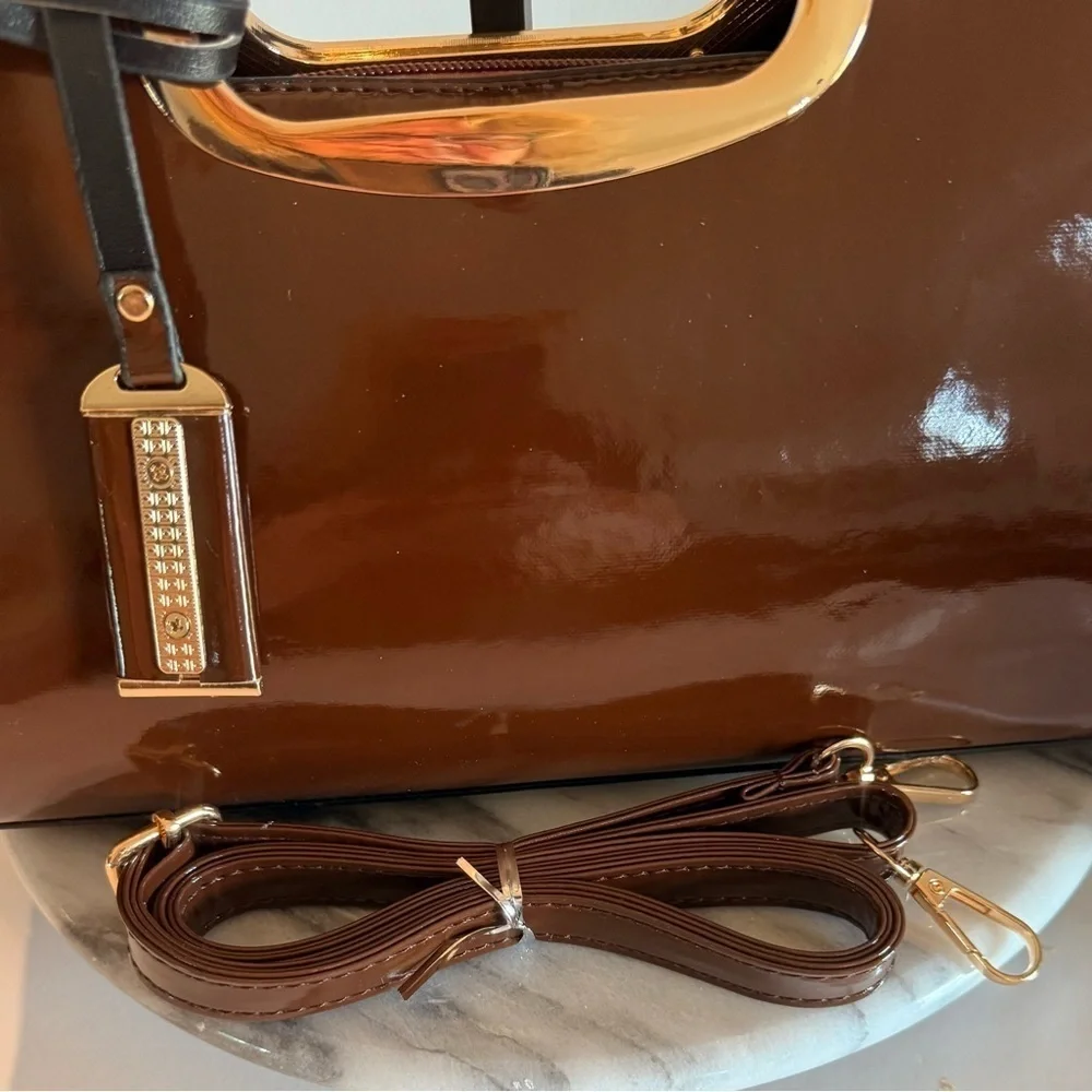 NWOT Elegant Evening Satchel Crossbody Bag Glossy Brown Zipper PU Leather Dusty